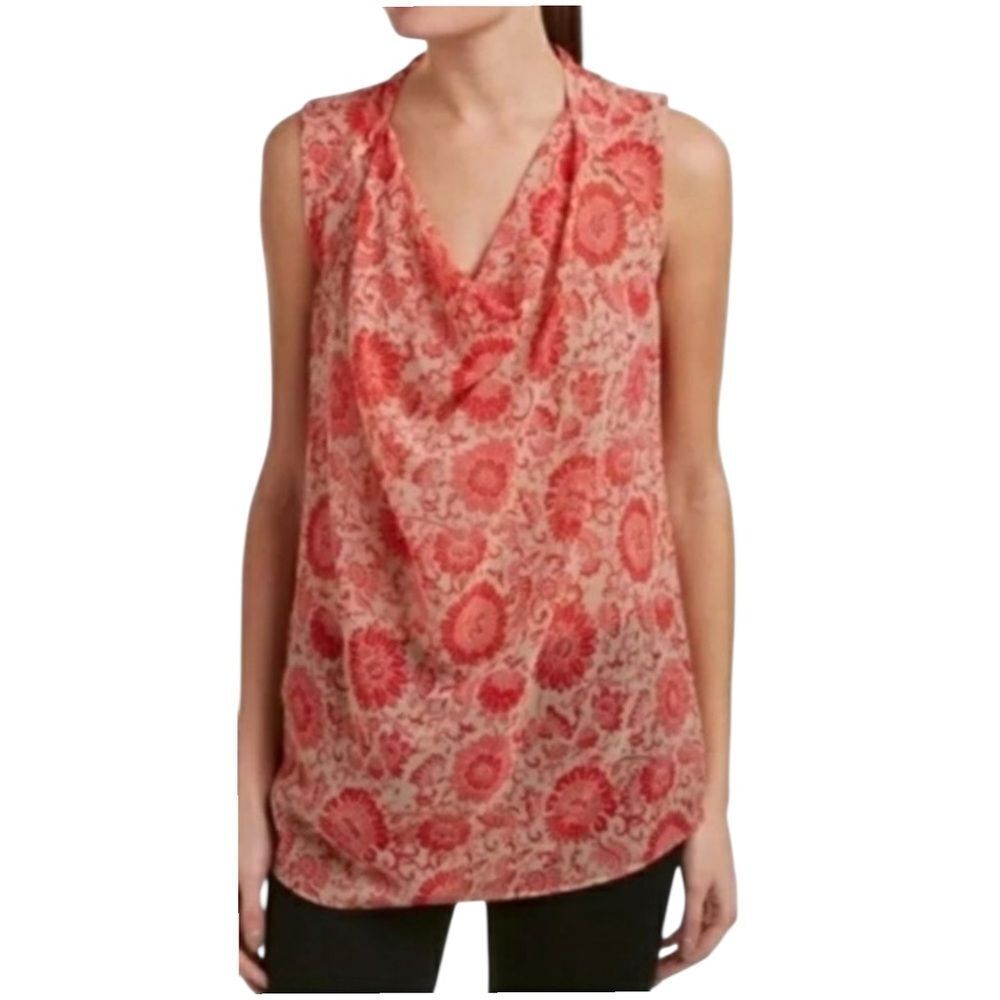 Cabi Pink and Cream Sleeveless Sheer Cowl Neck Blouse